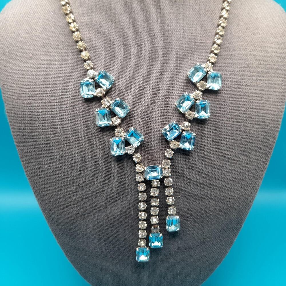 Weiss Blue Clear Rhinestone Necklace, Tassel Pendant, Signed Weissco, 1940s